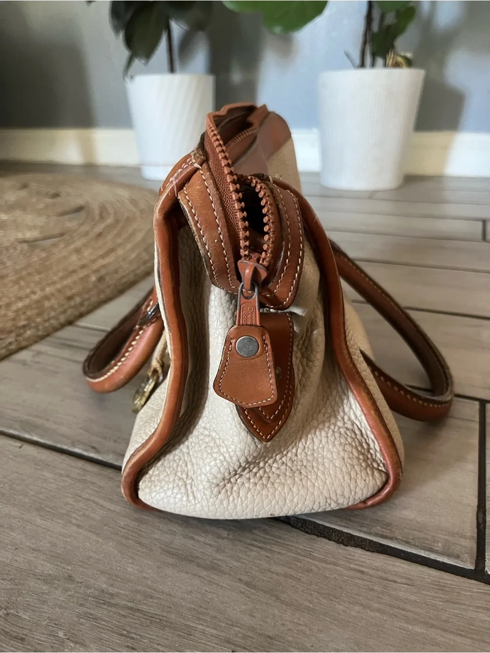 Dooney & Bourke Cream Pebbled Leather Satchel with Brown Trim